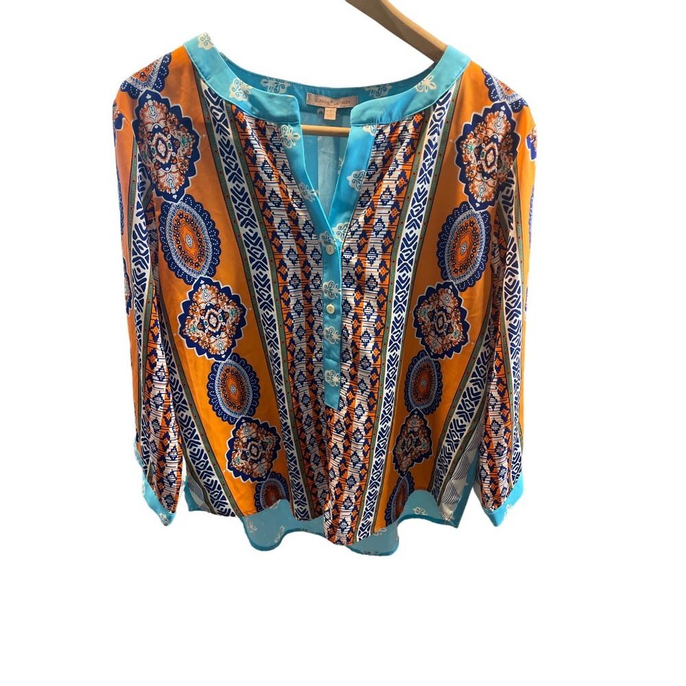 Gibson Latimer Collarless Multicolor Boho Tunic Blouse Top Sz S